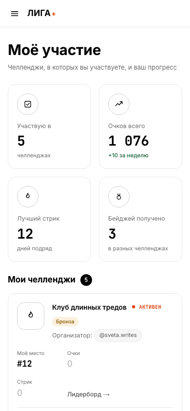 Мобильный интерфейс участника в Лиге: прогресс, стрик и бейджи